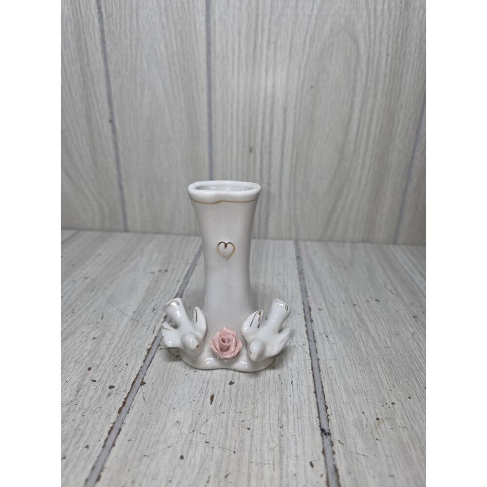 Vintage Doves & Rose Small Heart Bud Vase Miniature Cottagecore Coquette